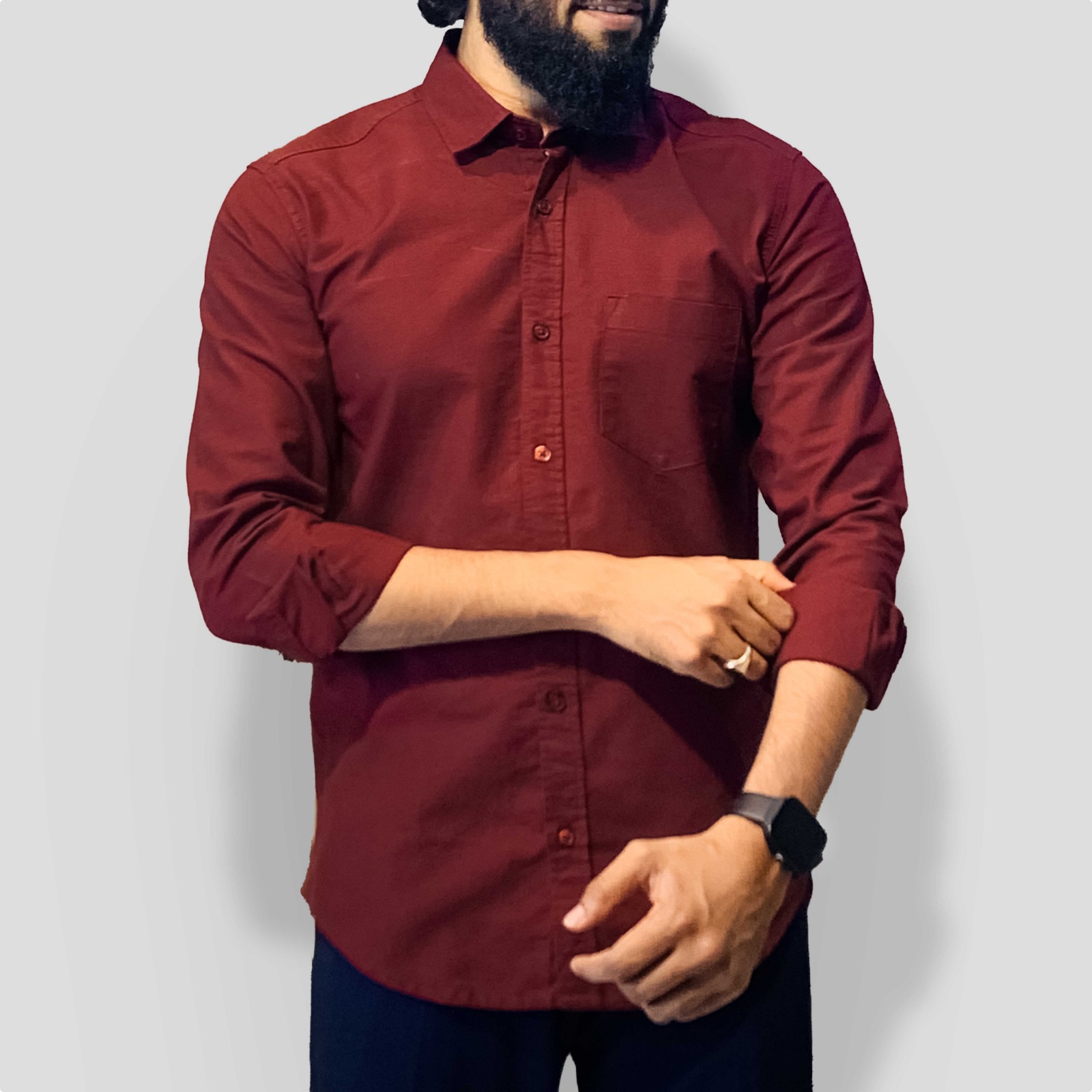 Maroon- Natural Regular Fit Long Sleeve Oxford Shirt