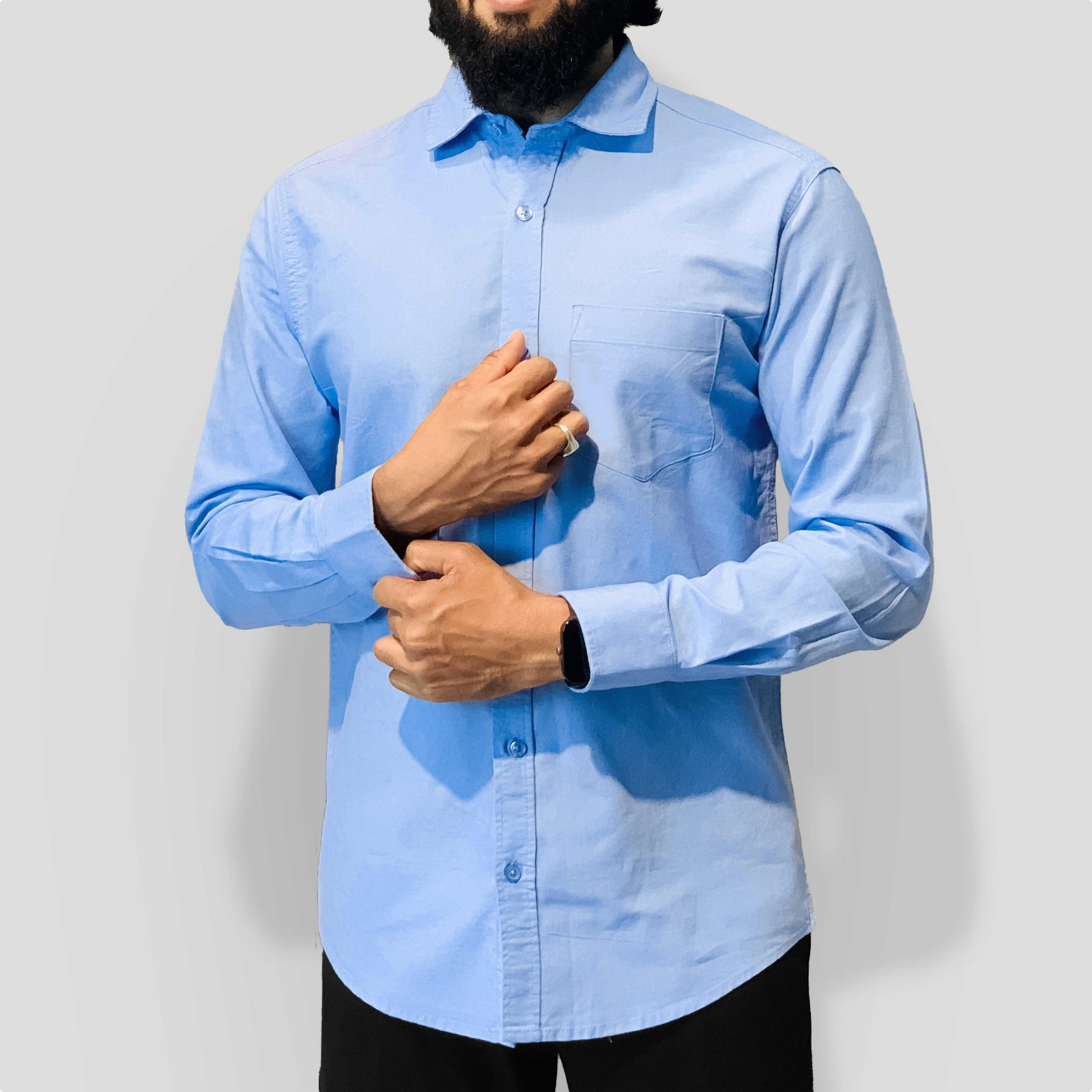 Sky Blue  - Natural Regular Fit Long Sleeve Oxford Shirt