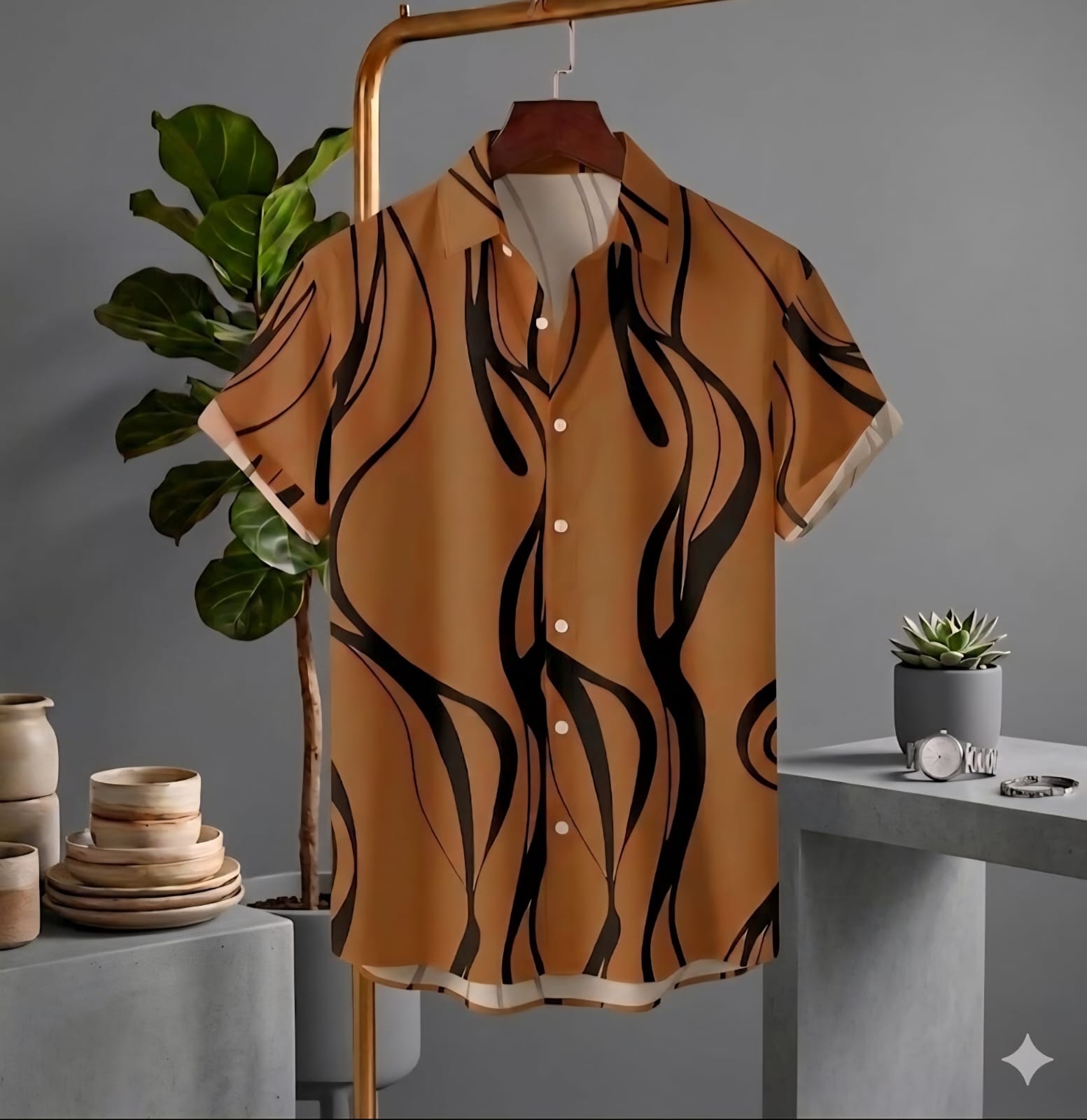 Premium China Fabric Ultra Soft Casual Half Sleece Summer Shirt For Men- Coffee Striped Shirt