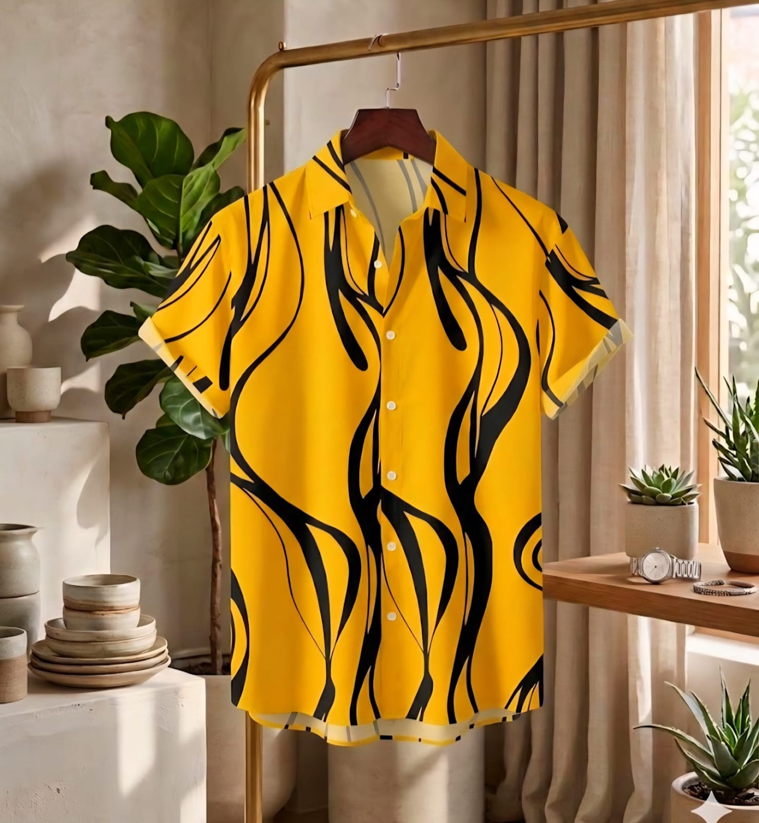 Premium China Fabric Ultra Soft Casual Half Sleece Summer Shirt For Men-Yellow Striped Shir